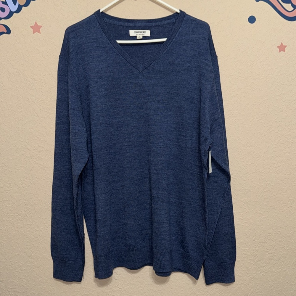 GOODTHREADS Mens Pullover V-neck Sweater Blue Heathered 100% Merino Wool